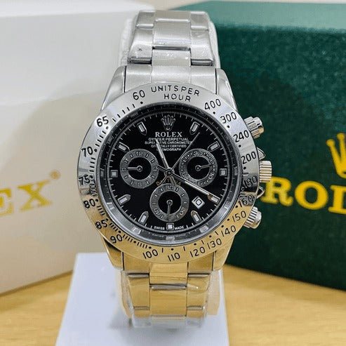 Rolex Daytona (Replica) – Silver Oyster Chain | Black Dial | Premium Chronograph Watch 0019