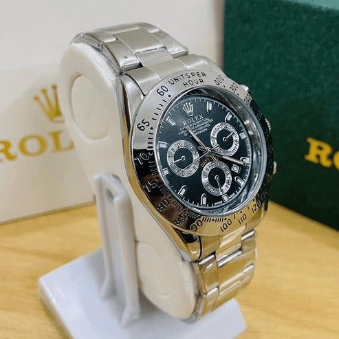 Rolex Daytona (Replica) – Silver Oyster Chain | Black Dial | Premium Chronograph Watch 0019