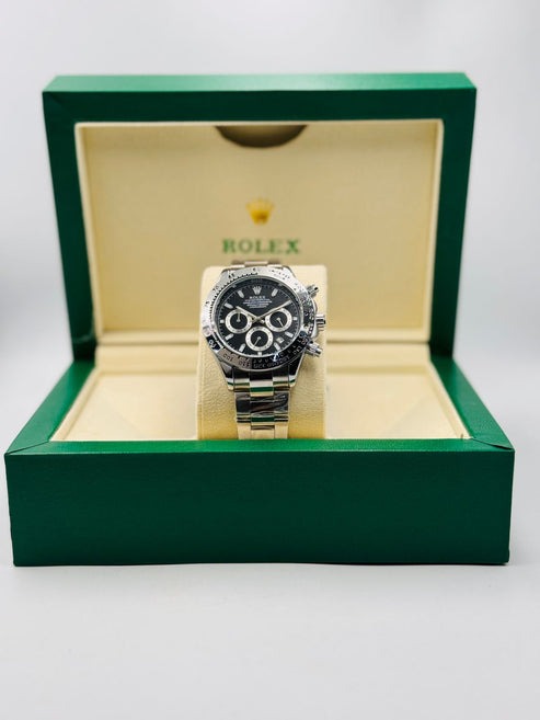 Rolex Daytona (Replica) – Silver Oyster Chain | Black Dial | Premium Chronograph Watch 0019
