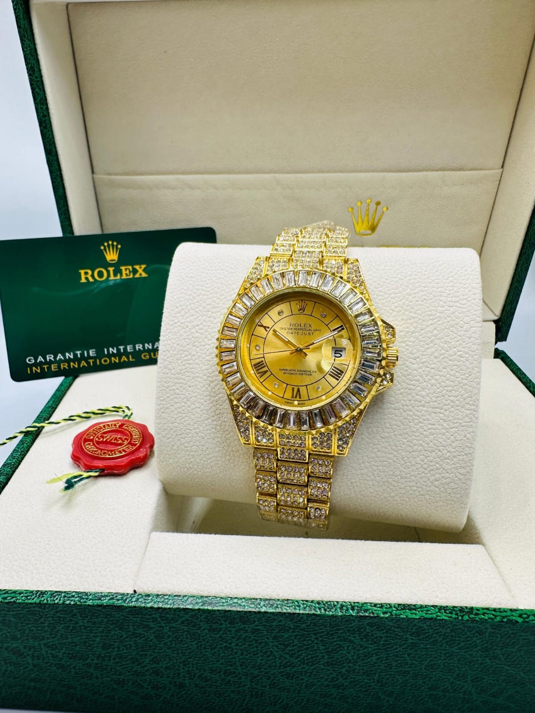 Rolex-Inspired Iced Out Datejust Watch for Men | Gold Finish | Yellow Dial 0039